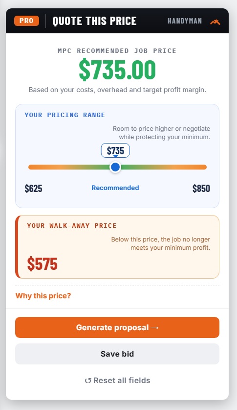Real MPC PRO Handyman pricing results interface.